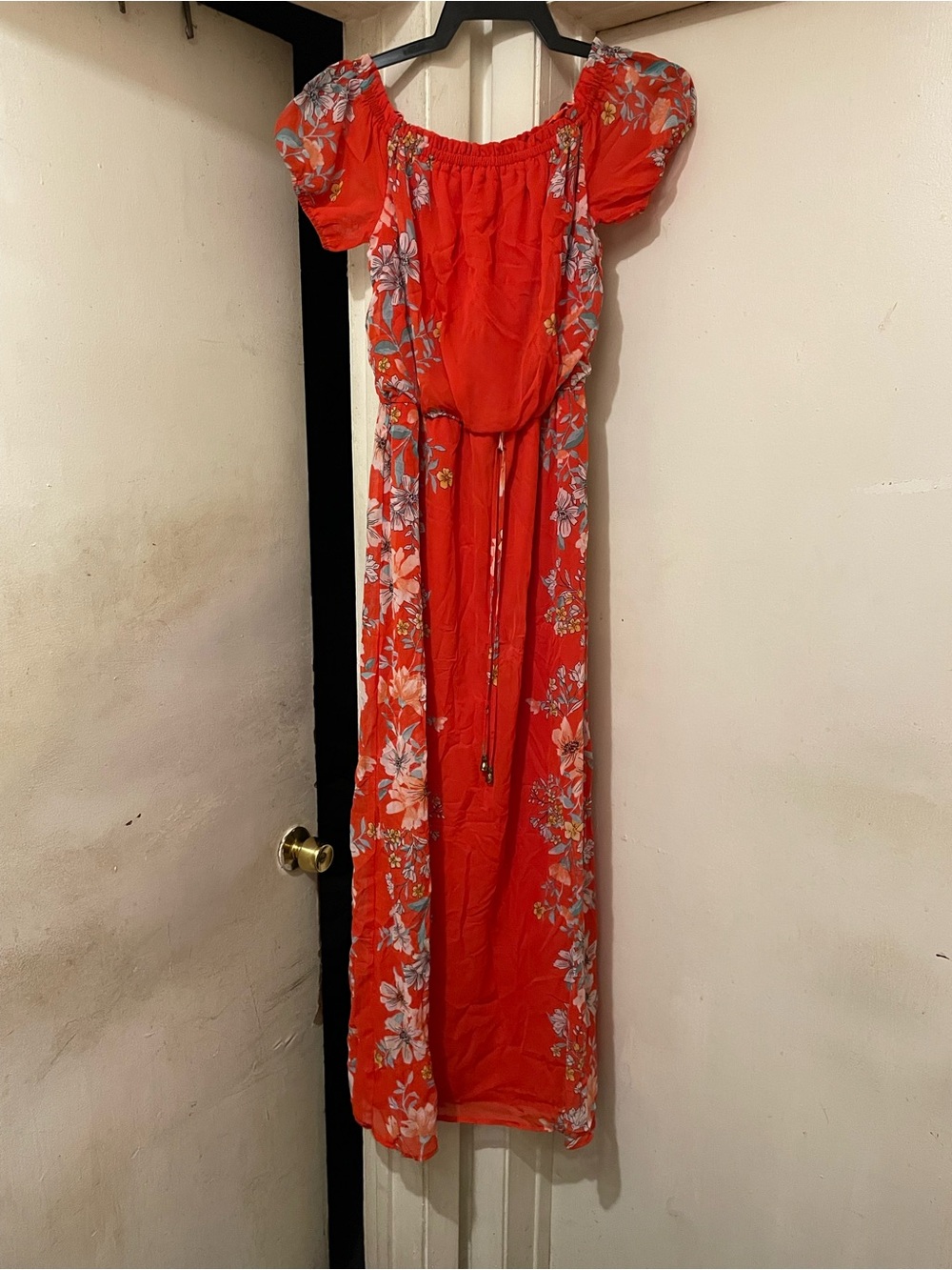 City Studio Women’s M Red Floral Off Shoulder Chiffon Maxi Dress Tie Waist